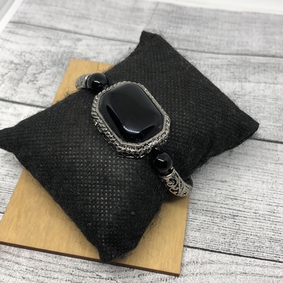 Antique silver tone faux opal stretch bracelet statement - Picture 4 of 4